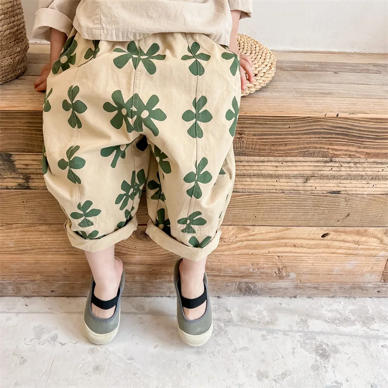 Children\'s Casual Pants 2026 Spring New Korean Toddler Girls Flower Print Harem Pants Boys Cotton Loose Trousers Kids Clothes