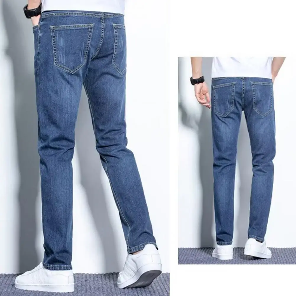 

Waist Button Zipper Closure Jeans Stylish Men's Denim Pants Distressed Small-legged Jeans with Pockets Solid Color for Everyday