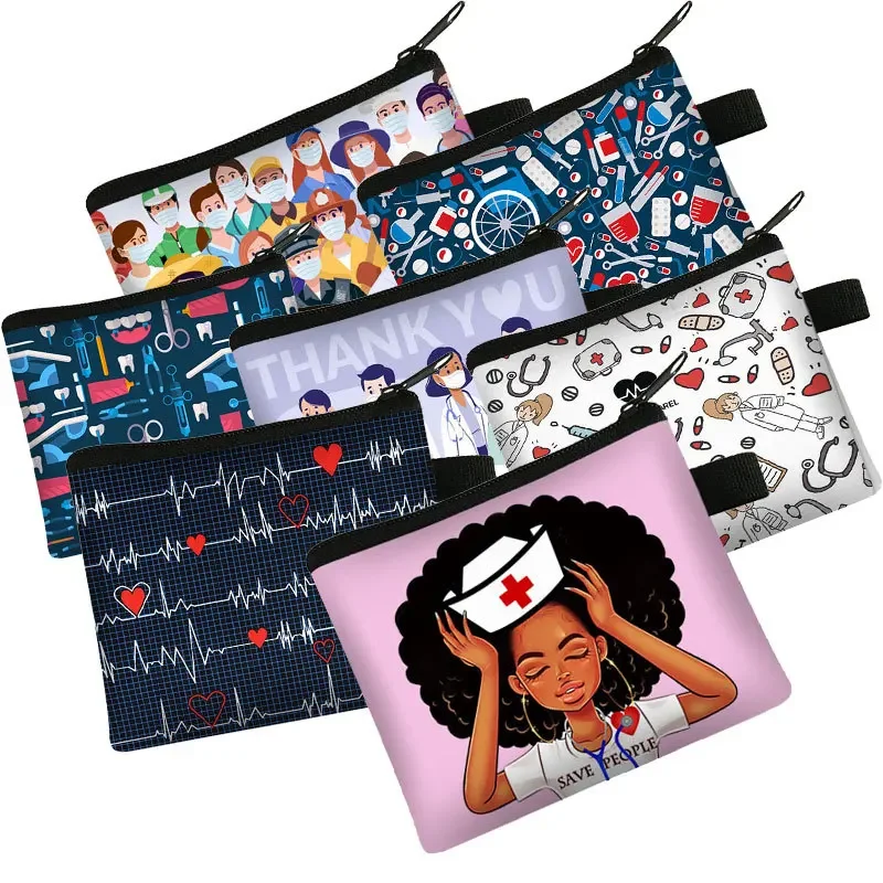 Coin Purse Student Nursing Wallet Ecg Figure Printing Card Bag Coin Key Storage Bag Polyester Hand Bag Mini Bag
