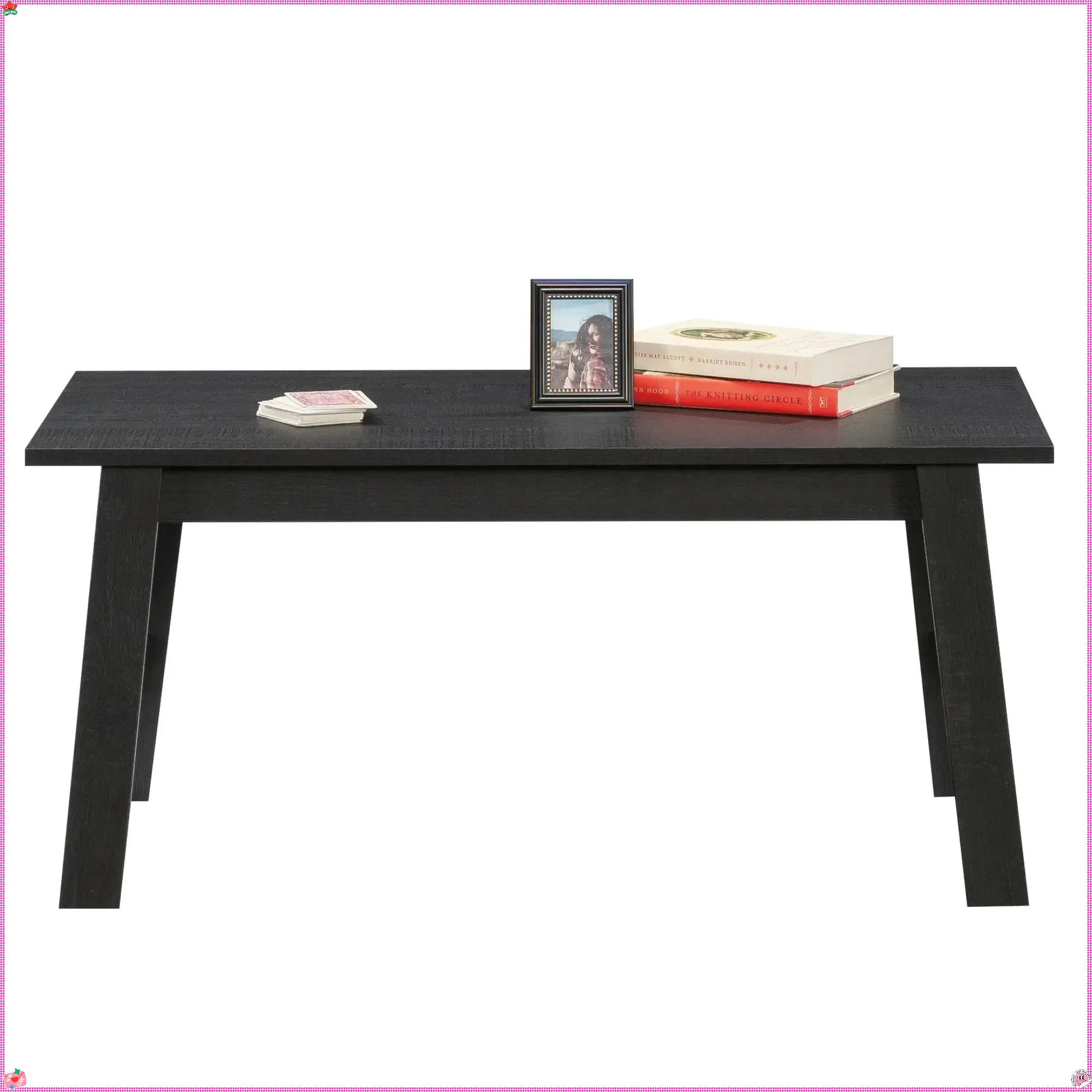 

A wooden rectangular coffee table with finished sides for flexible placement