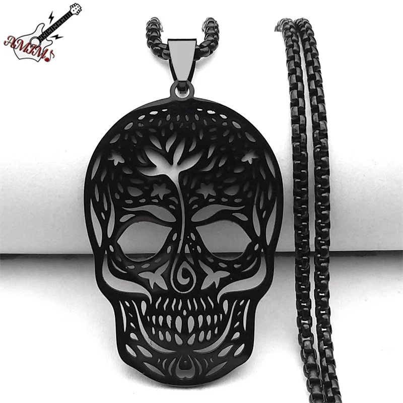 Goth Flower Mexican Sugar Skull Black Necklace for Women Men Stainless Steel Mexico Folk Art Skeleton Chain Jewelry NZZZ534S06