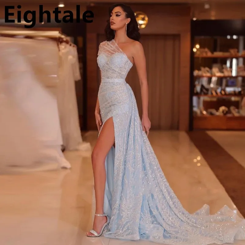 Customized Glitter Light Blue Lace Sequin Mermaid Evening Dresses Overskirt One Shoulder Dubai Women Prom Gowns