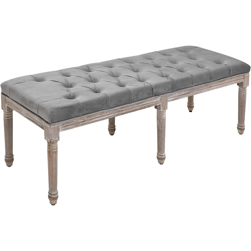 

Bedroom End of Bed Bench, Upholstered Entryway Bench with Button Tufted, Thick Padding and Wood Legs, French Vintage Style