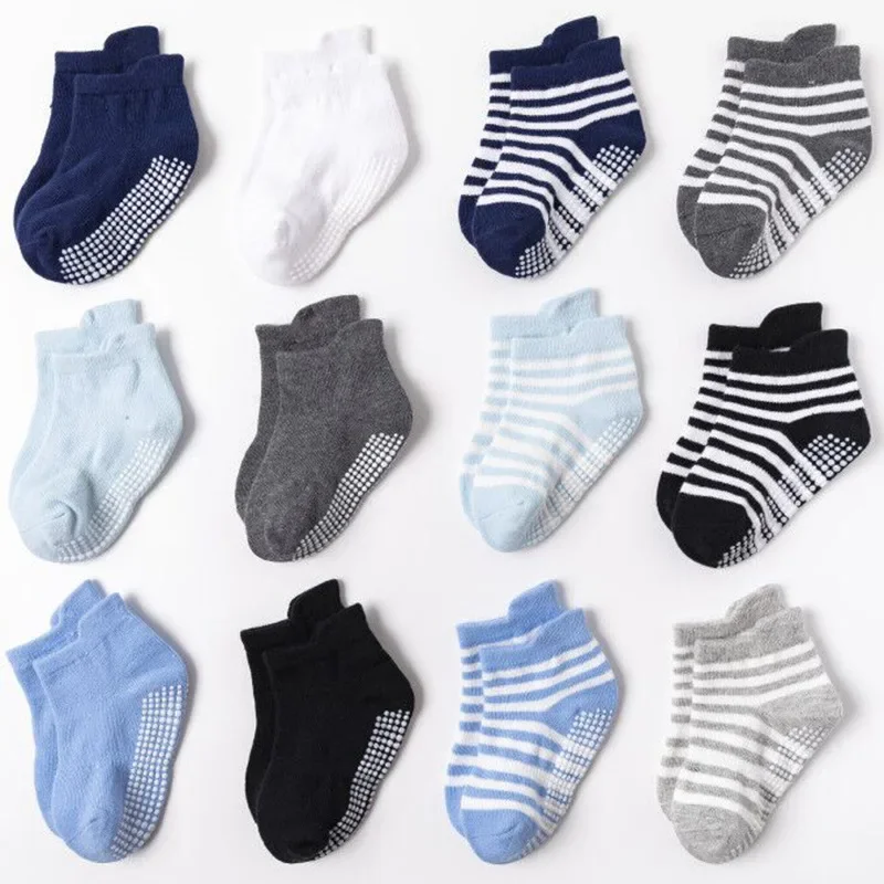 6 pairs/lot of children boys and girls cotton non-slip boat socks rubber grip casual socks 0-5 years old