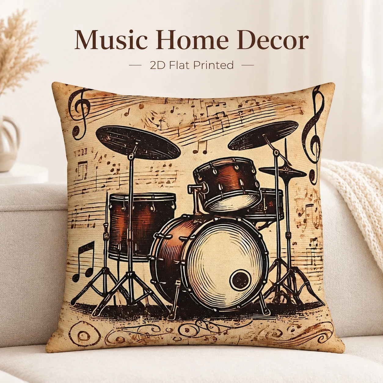 

Vintage Drum Set Musical Notes Pillowcase 2D Flat Printed Peach Skin Cushion Cover Sofa Living Room Music Studio Decor