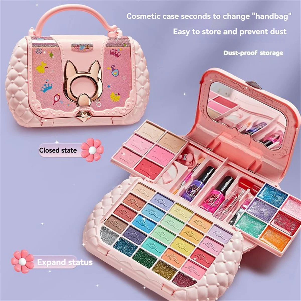 Kids Beauty Toys Makeup Kit Little Bag Washable Pretend Play Cosmetic Set Toys with Mirror Non-Toxic & Safe