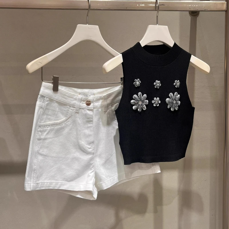 Chalecos tejidos a la moda para mujer, novedad de verano 2021, camisetas sin mangas con temperamento único, camisetas sin mangas femeninas de gama alta con lentejuelas y flores