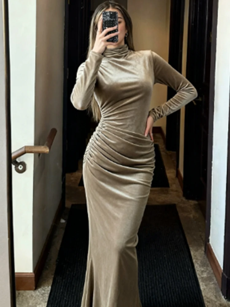 Damska seksowna długa sukienka 2025 jesień zima nowa sukienka z dekoltem typu O, długimi rękawami, marszczona, aksamitna, długa sukienka elegancka, modna sukienka wieczorowa