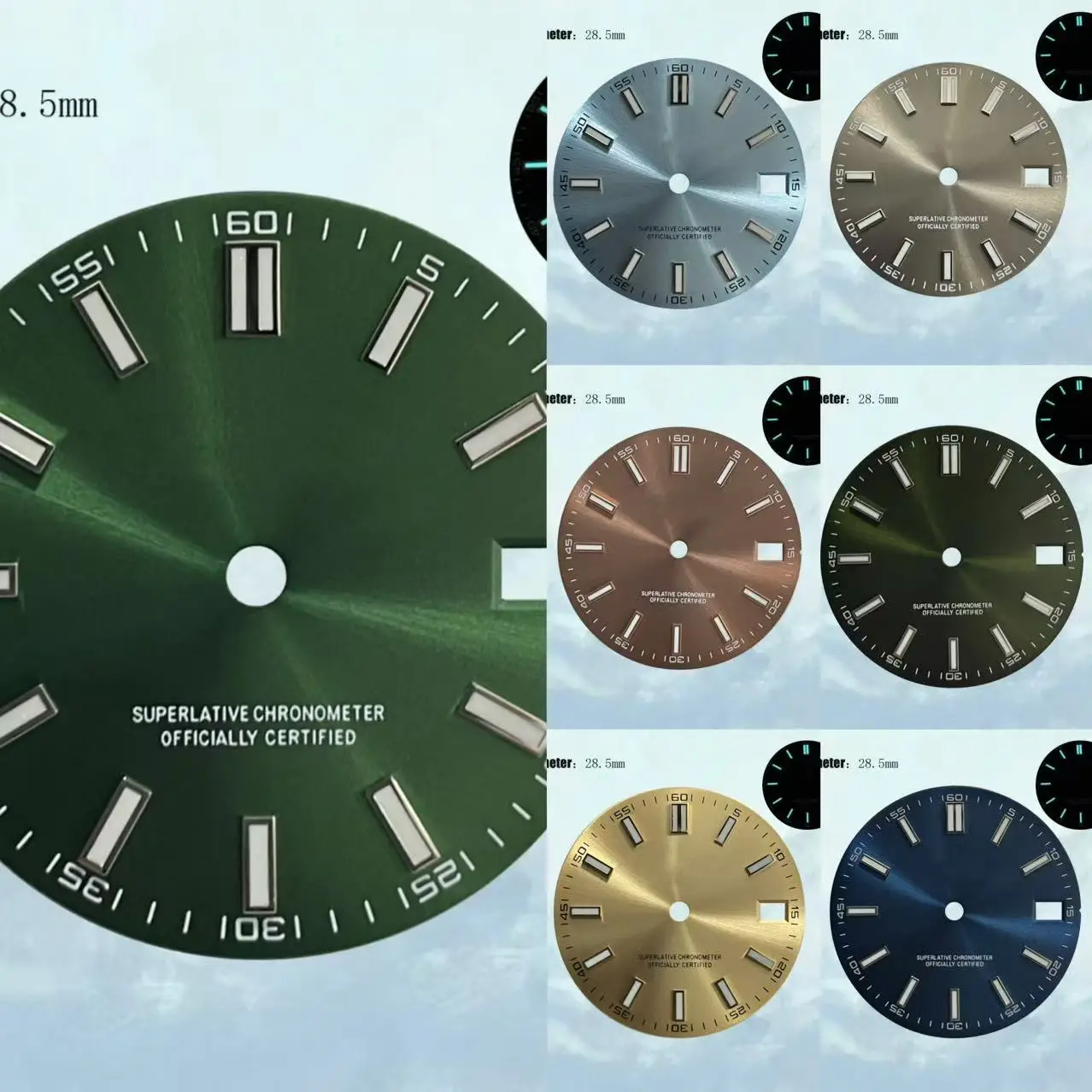 blu luminoso Vendite calde 28,5 mm Lucernario singolo data logo verde Quadrante nh35 36 Movimento automatico 29 mm Logo singolo quadrante blu