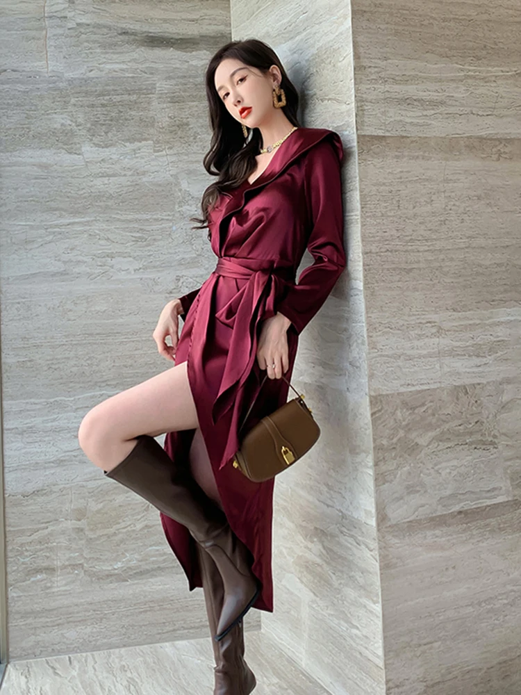 Moda francesa ol vintage cetim manga longa festa clube vestido elegante robe coffee break plissado cinto split vestido feminino