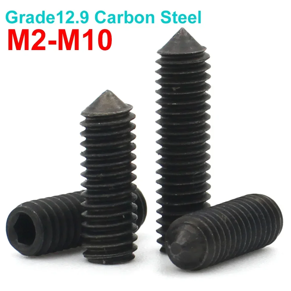 5-100pcs M2 M2.5 M3 M4 M5 M6 M8 M10 Grade12.9 Black Carbon Steel Hex Socket Hexagon Allen Head Cone Point Grub Set Screw Bolt