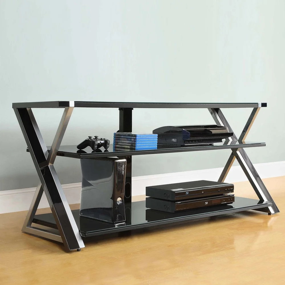 Modern Black TV Stand 60 Inch Flat Panel TVs with Tempered Glass Shelves and Cable Management System