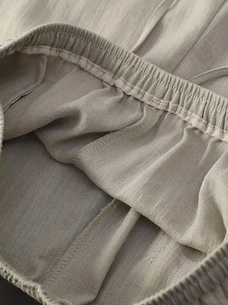 Pantaloni Casual in Misto Lino a Vita Alta, Gamba Larga, Elastico in Vita con Cordoncino, Taglio Dritto, Comodi e Ampi per Donna