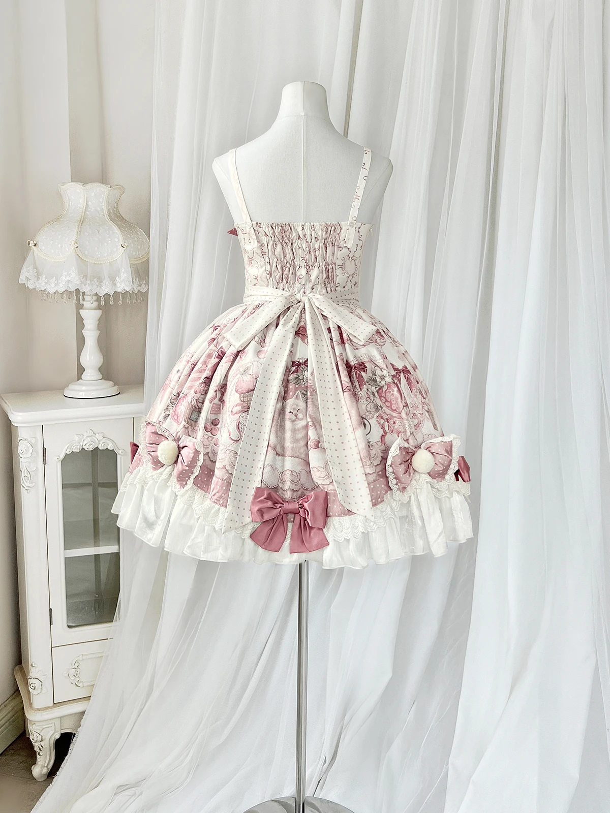 2025 جديد إمرأة حلو ولطيف الوردي القط مطبوعة الخصر مقصوص لوليتا فستان بحزام شال مع القوس قطعتين مجموعة