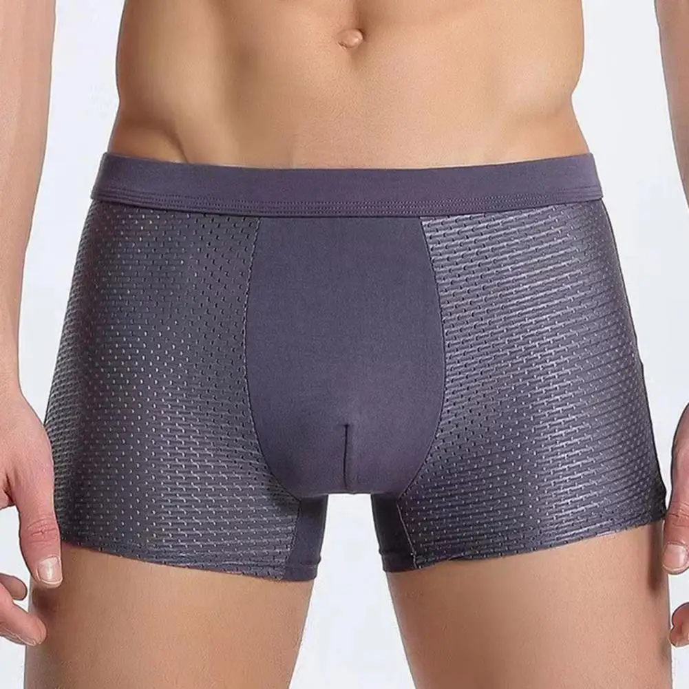 Men Summer Thin Ice Silk Shorts Panties Breathable Hollow Mesh U-convex Mid-rise Solid Color Shorts Briefs Underpants