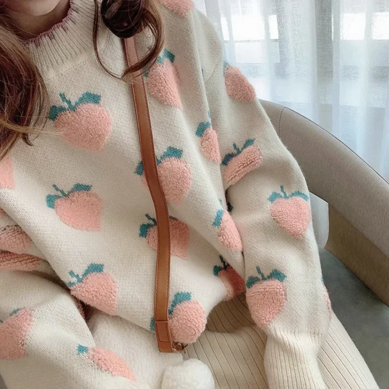 Winter Knitted Sweater Women Strawberry Embroidery Oversized Pullovers Harajuku Casual O-Neck Loose Knitwear Jumper Sueter Mujer