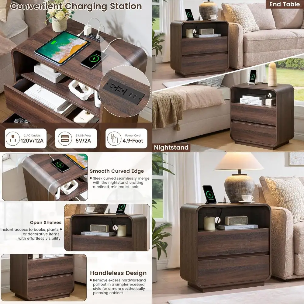 

Тумбочка для спальни или офиса из орехового дерева, 25 дюймов, с зарядной станцией, изогнутый дизайн, 2 ящика