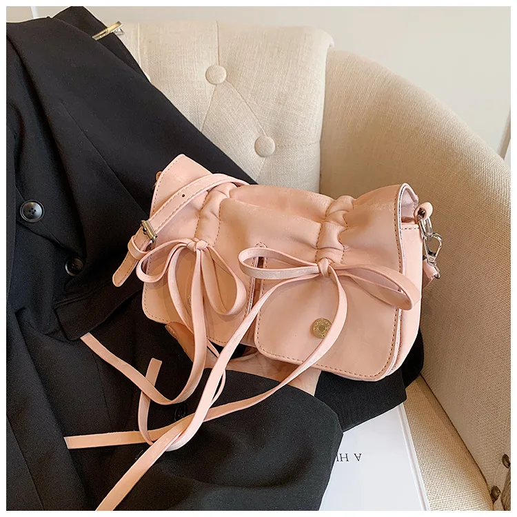 2024 Korean Fashion Fold Bow Handbags Small Square Shoulder Bags For Women Black White Pink Silver Trendy Daily Shopping HandBag