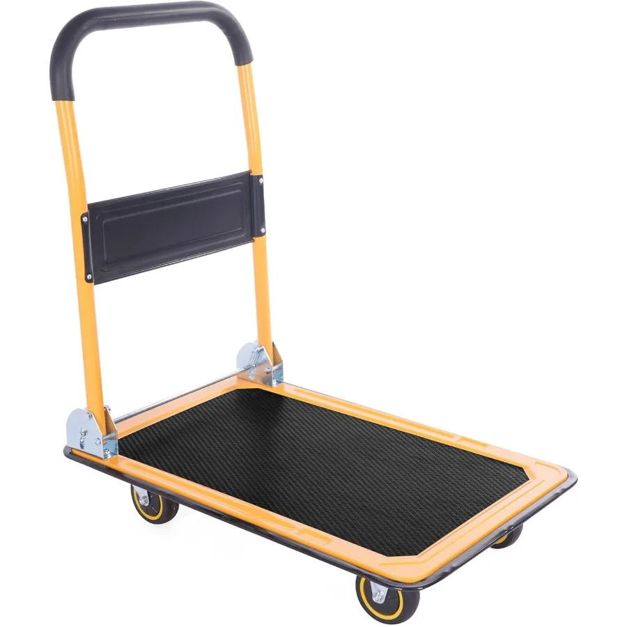 

Foldable Platform Truck Push Dolly with 330 lb Weight Capacity in Black and Yellow Ideal for Warehouse and Garage Use Measures
