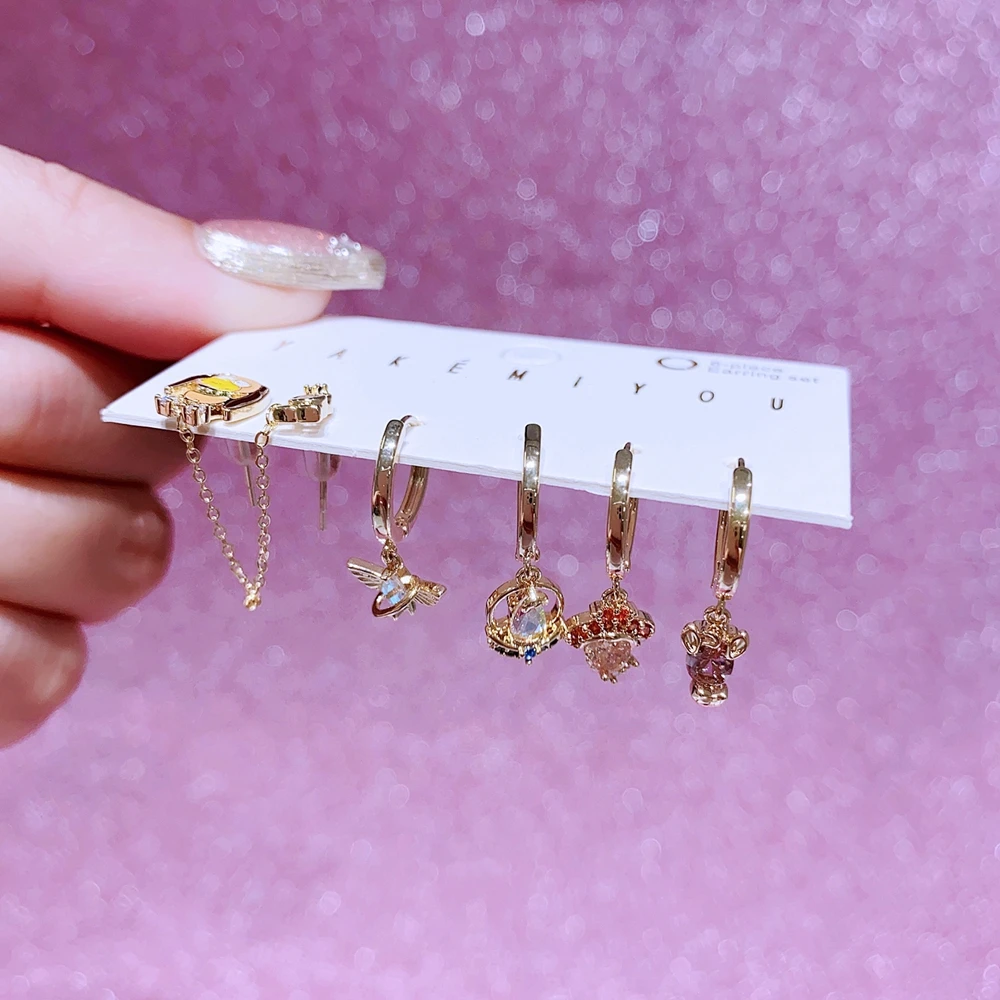 MIGGA 6pcs Mix and Match Design Cartoon Dangle Earrings Set Gold Plated Cubic Zircon Women Jewelry