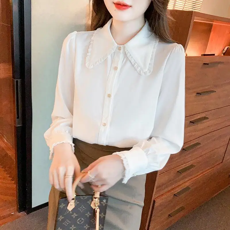 Sweet Peter Pan Collar Button Solid Color Ruffles Shirt Female Clothing 2022 Autumn New Casual Tops All-match Office Lady Blouse