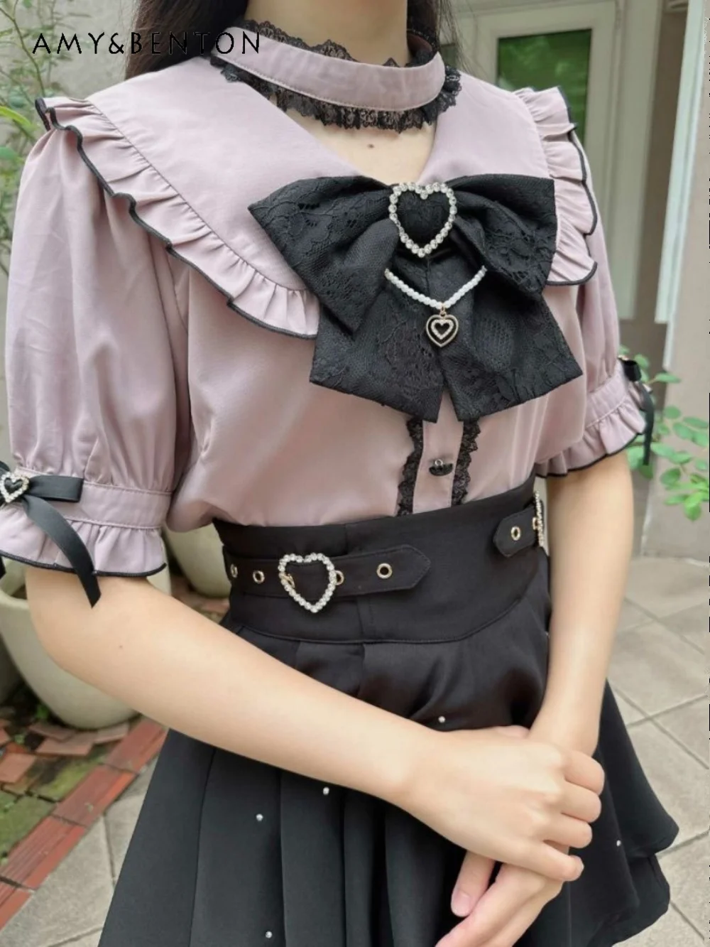 Mine Mass-Produced Lolita Shirt Women Summer Sweet Doll Collar Big Bow Puff Sleeve Shirts Versatile Slim Temperament Camisas