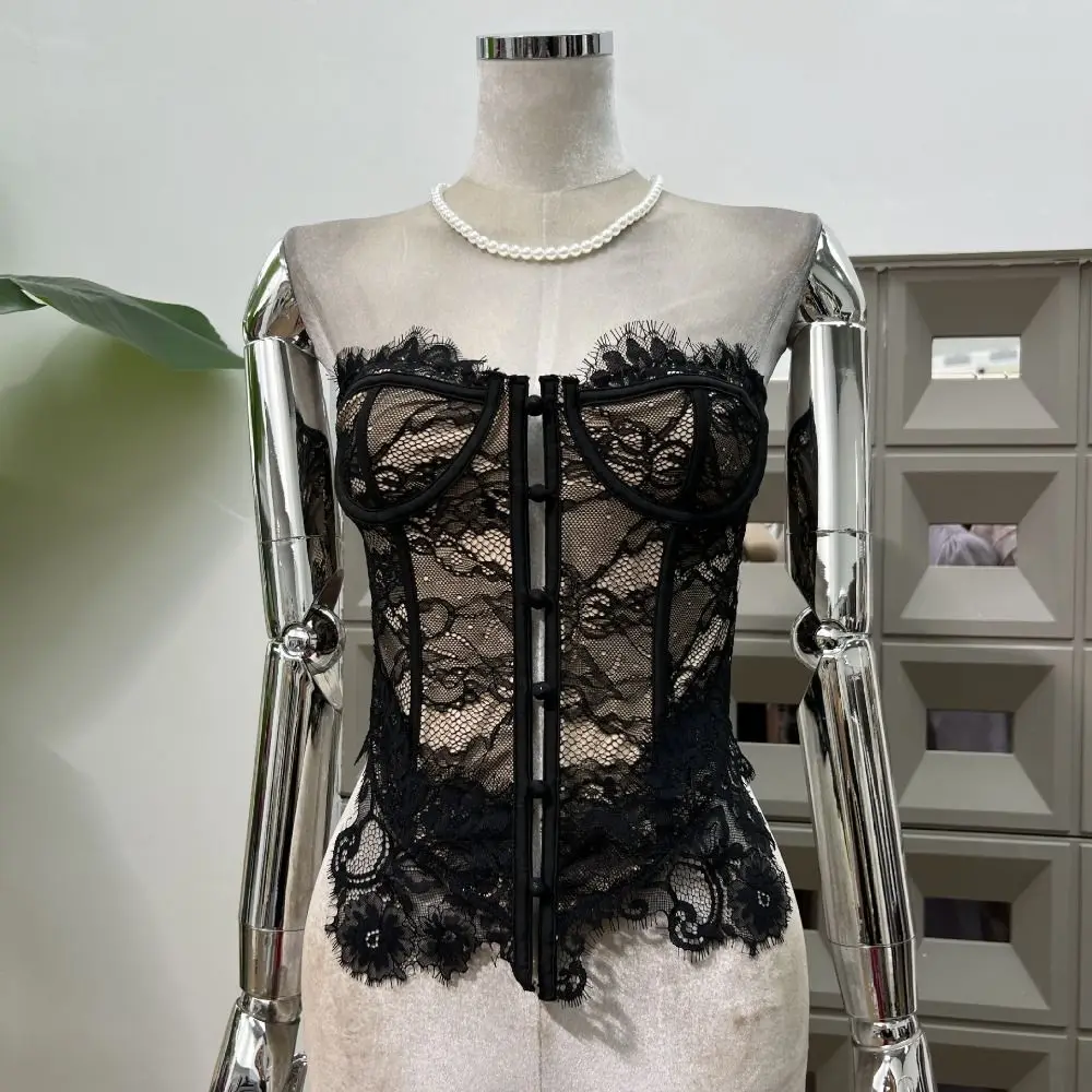 Spicy Girl Style Mesh Lace Button Camisole Transparent Slim fit Lace Long Corset Tanks Streetwear Sleeveless Crop Tops Ladies