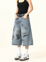 Women's Manga Pattern Graffiti Wide Leg Calf-length Denim Pants SummerCool Girl Shorts Female High Waist Capris Jeans