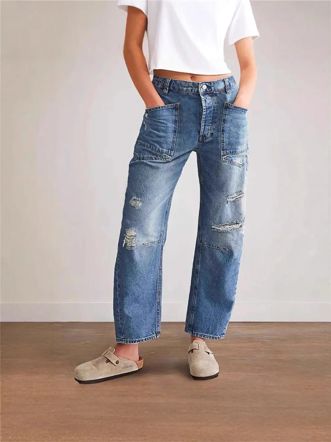 

American Style Retro Washed Ripped Loose Casual High Waist Straight Leg Denim Jeans Women's Summer Fashion Zipper Pocket