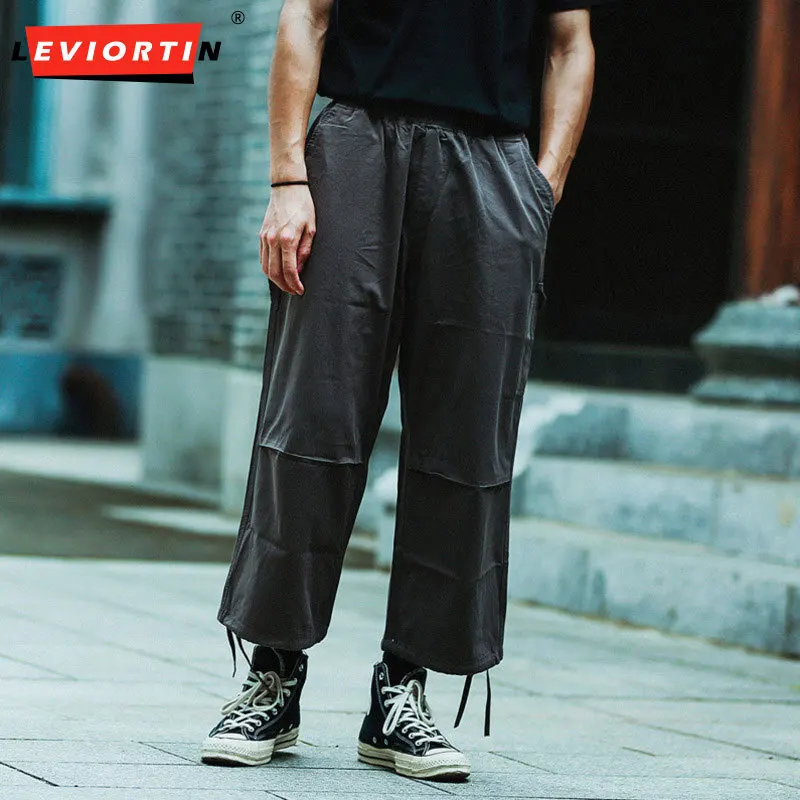 Men's spring and summer new fashion brand street loose cropped pants Japanese drawstring multi bag work pants casual pants