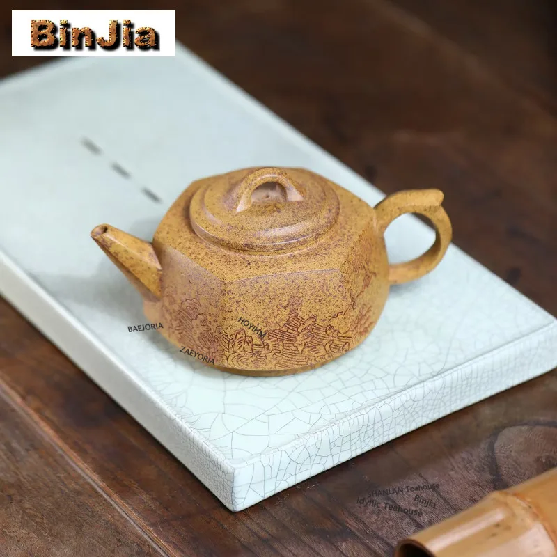 280ml Elegant Yixing Purple Clay Teapots Handmade Hexagonal Wellrail Pot Raw Ore Dragon Bone Gold Sand Mud Kettle Zisha Tea Set