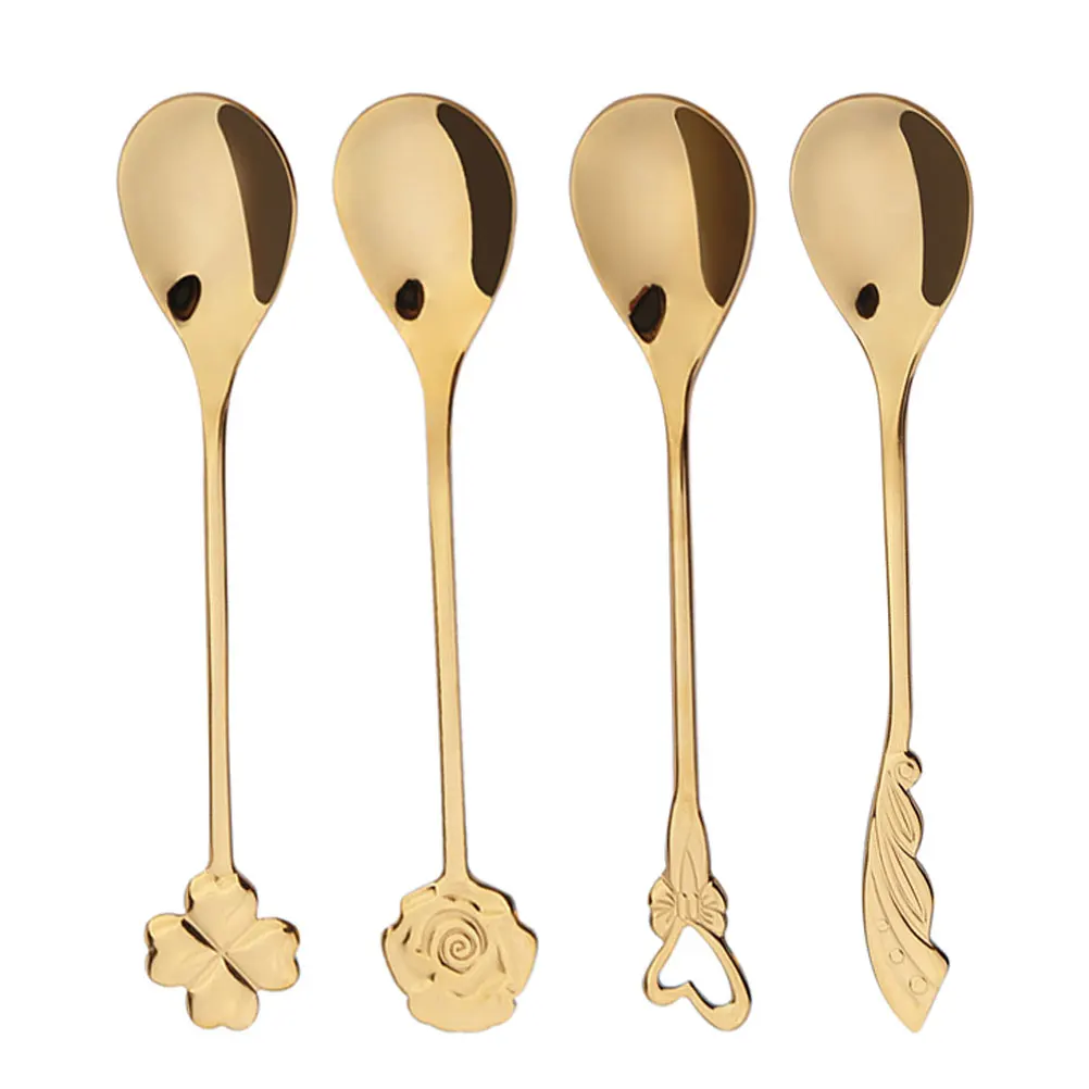 

4Pcs Coffee Spoons Long H Stainless Steel Practical Golden Spoon for Home Tea Mixing Ice Cream Kitchen Bar Tools