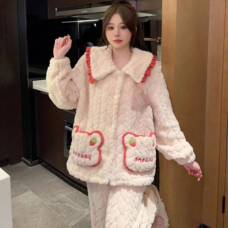 Pajama Lady Loose Flannel Thick Plus Velvet Student Dormitory Sweet Style Homewear Set Autumn and Winter Comfortable  Sleepwear