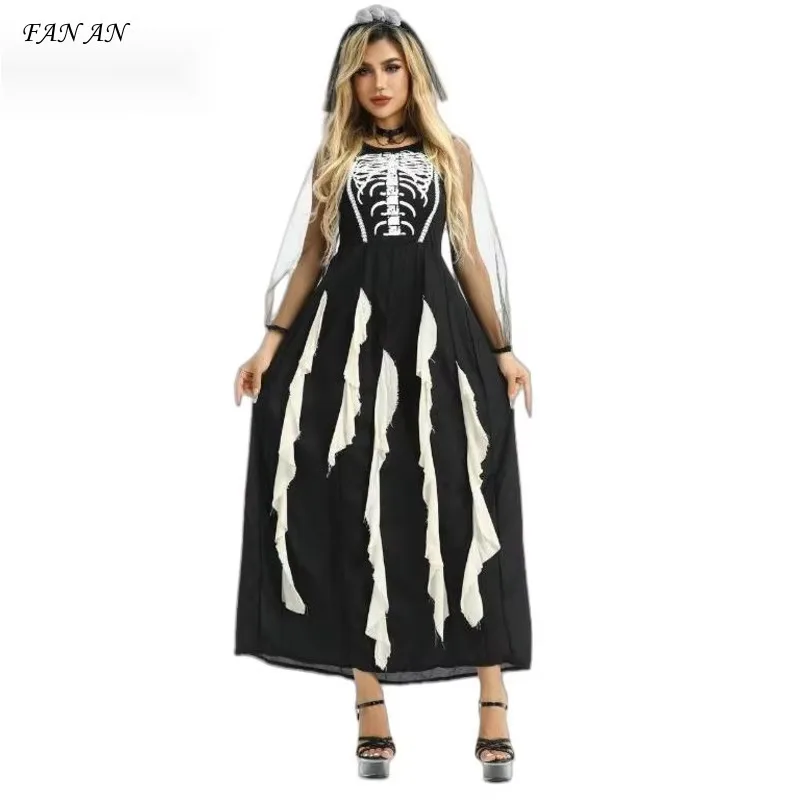 Disfraz de Halloween gótico, vestido de novia de fantasma de Diablo, fantasma oscuro, vampiro, zombi de terror, esqueleto, conjunto de combinación de juego de fiesta de novia