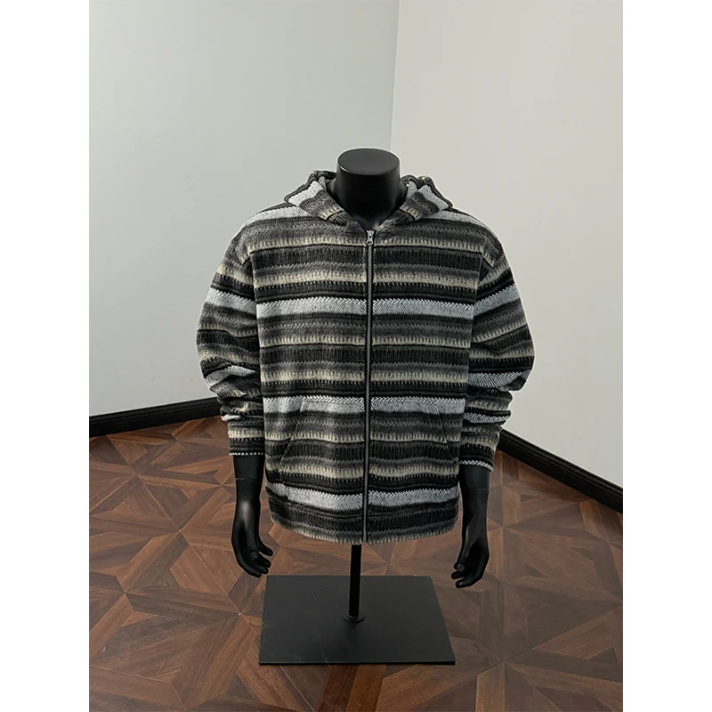 Vintage colorblock jack met capuchon: gezellige gebreide golvende strepen in warm bruin (unisex) ​   Dagelijks los vrijetijdsjack voor heren