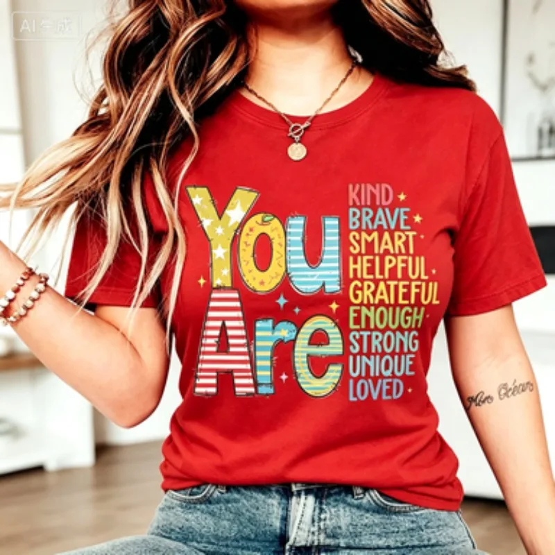 Women Cotton Tshirt Multicolor Split Letter Design Motivational Words Stack Print Soft Crew Neck Casual Summer Short Sleeve Tops
