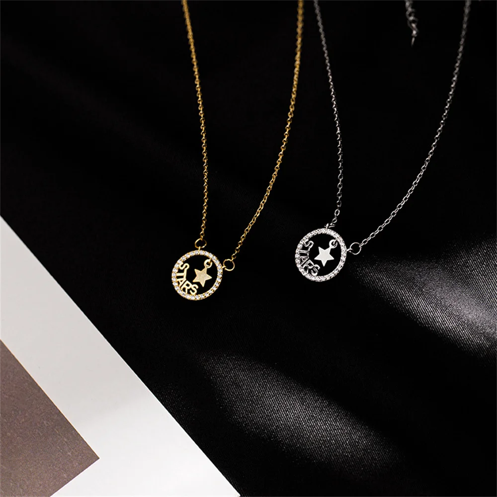 

Korean s925 Sterling Silver Necklace for Women, Star Zircon Circle Design, Light Luxury Niche Collarbone Chain