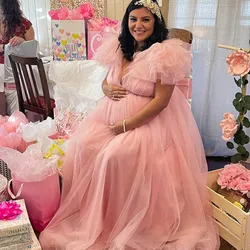 Vestido de maternidad con cuello en V, gasa con hombro flotante, maxivestido de fotografía para sesión de fotos de Baby Shower