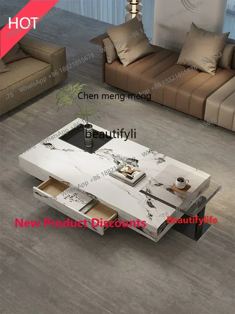 

cn8617 ss A Italian minimalist rock slab coffee table combination storage high-end light luxury living room square coffee table