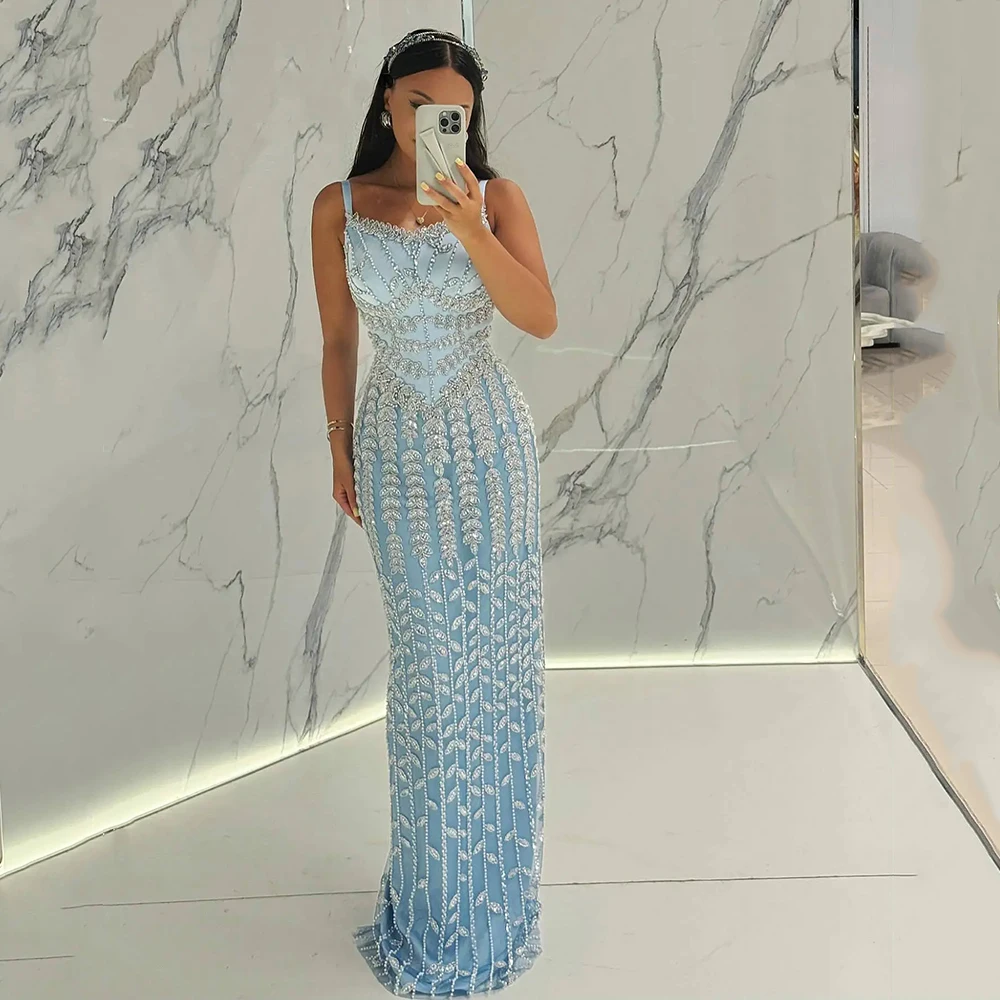 Customized Yipeisha Fashion Sky Blue Spaghetti Evening Dresses With Crystal Sequined Sparkly Gown Pleat Sheath Floor Length Gala