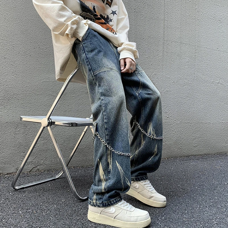 

Широкие джинсы с цепочкой, мужские отбеленные джинсы в стиле панк, хип-хоп, уличные подростковые модные джинсы со средней талией для отдыха, весна-осень, ретро