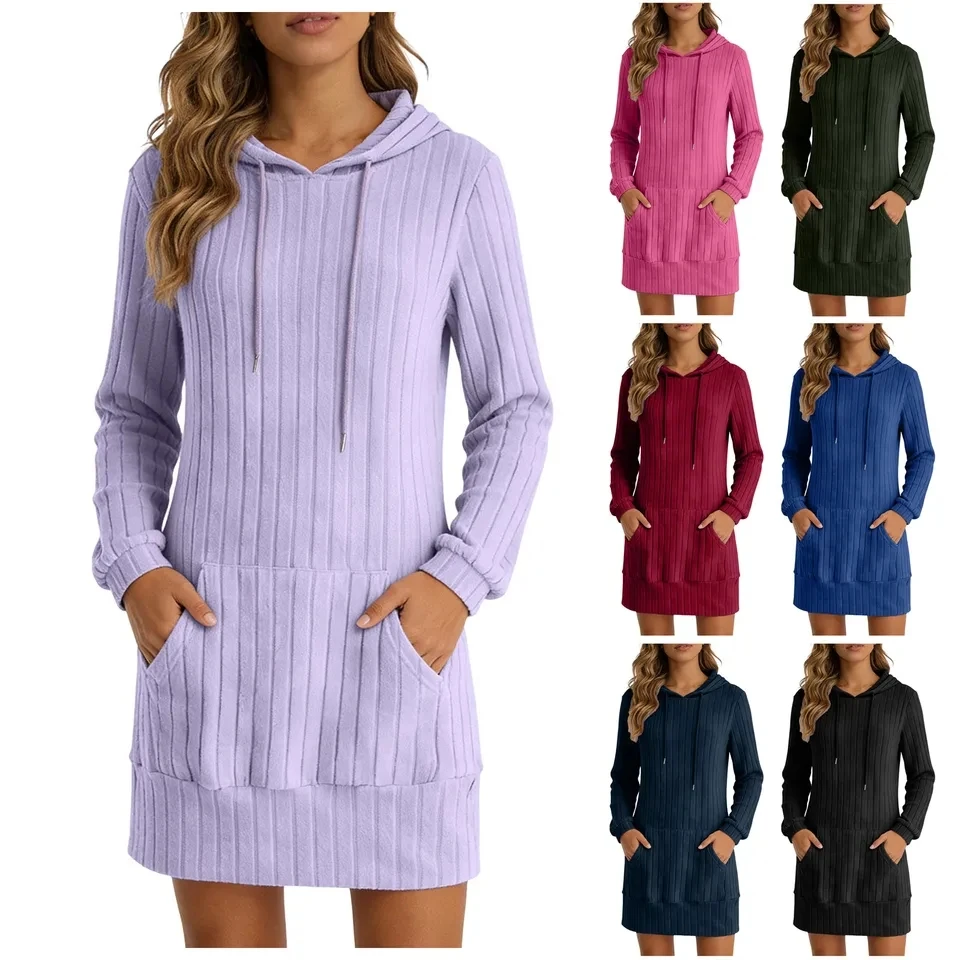 

Women's Ribbed Hooded Dress Fashion Knitted Long Sleeve Dresses With Pocket Female Solid Color Casual Hoodie Dress Vestidos