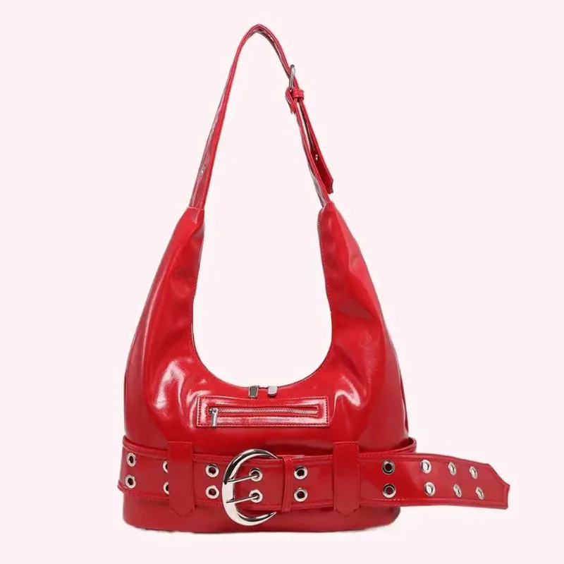 

Сумка-тоут из искусственной кожи Y2k на молнии, крутая сумка на плечо для девочек, однотонная сумка с пряжкой на ремень, дорожная сумка для покупок