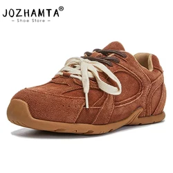 JOZHAMTA Size 35-40 Women Real Leather Casual Flats Sneakers Low Heels Ins 2025 Tennis Athletic Lace Up Retro Daily Dress