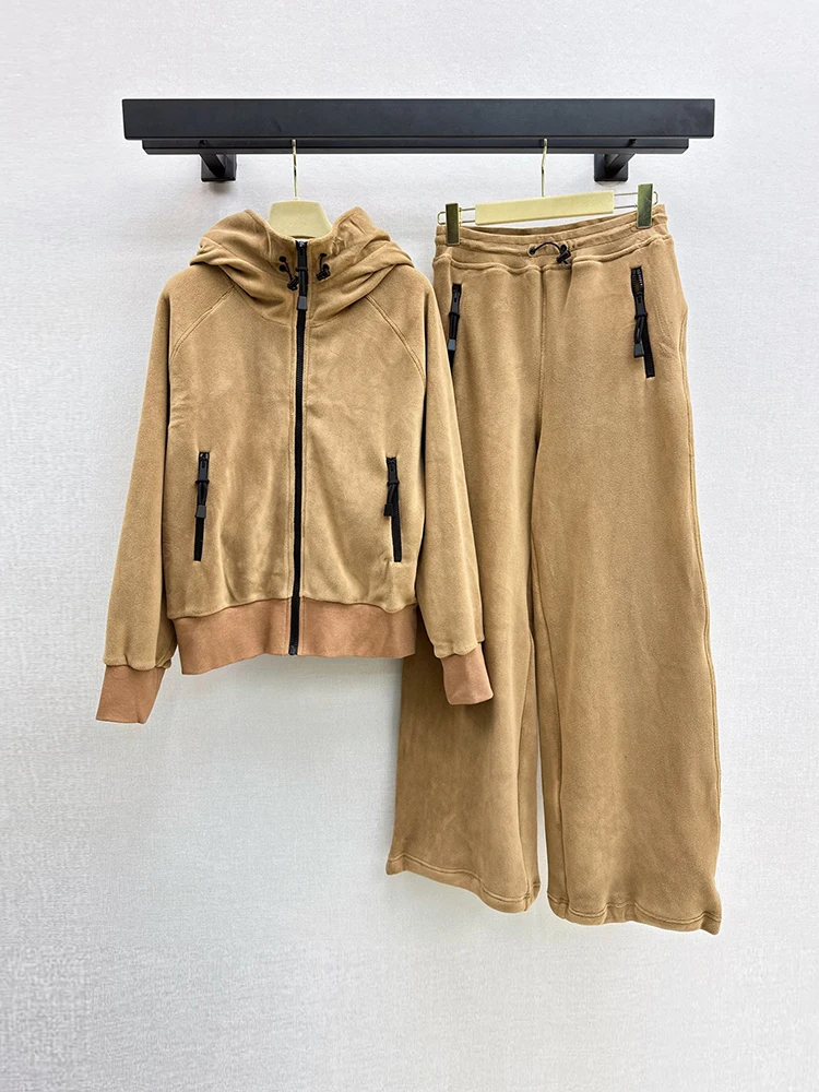 Spring Autumn Fashion Light Brown Simplicity Casual Wide Leg Pants Suit Women's Hooded Loose Jacket + Drawstring Waist Trousers
