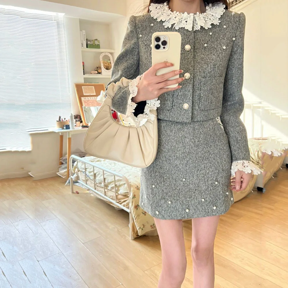 Korean Fashion Outfit Gray Lace Short Jacket Coat + Elegant A-line Pearl Skirt Winter French Style Small Fragrance Wind 2 Piece