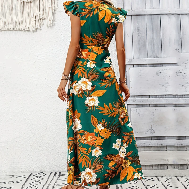Styl plażowy drukuj średniej długości sukienka moda damska rozcięcie dekolt w serek sukienki o nieregularnym kroju kobieta 2025 elegancki rękaw motylkowy długa sukienka kobieta