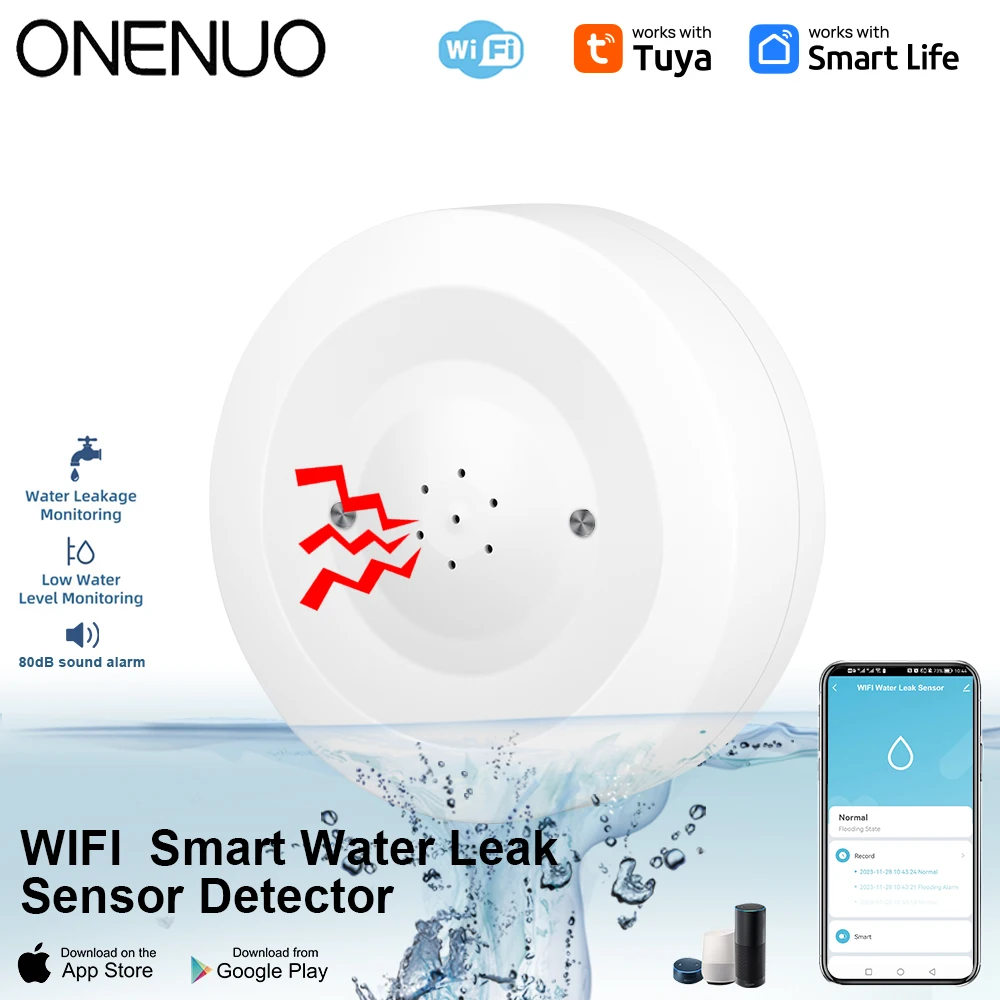 ONENUO WiFi Tuya Water Leak Sensor Flood Leakage Detector with Sound Alarm 80dB and IP55 WaterProof Water Sensor Remote Monitor