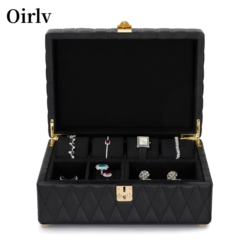 

Oirlv Jewelry Storage Box Large 2 Layer Leather Jewelry Box with Lock Classic Black Rhombic Stripe Leather Jewelry Organizer Box