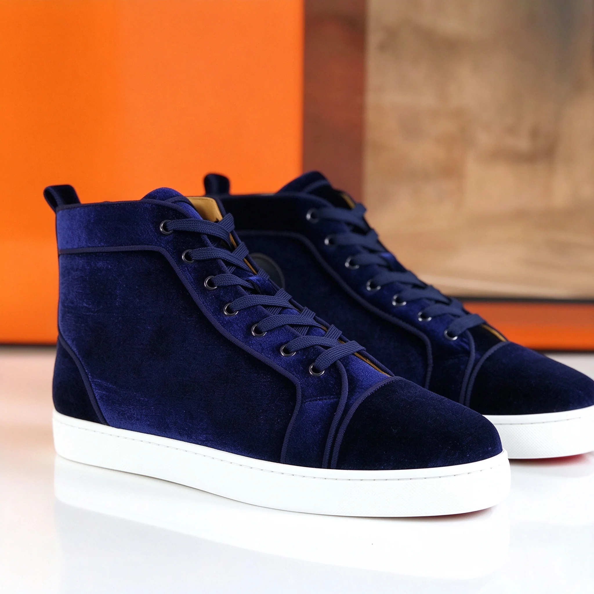 Luxury High Top Blue Velvet Leather Shoes Female Spiked Studded Lace Up Red Bottom Shoes For Men Fashion Wedding Casual Shoes